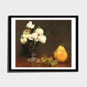 Art Print, White Flowers and Fruit Victorian Still-Life Painting
